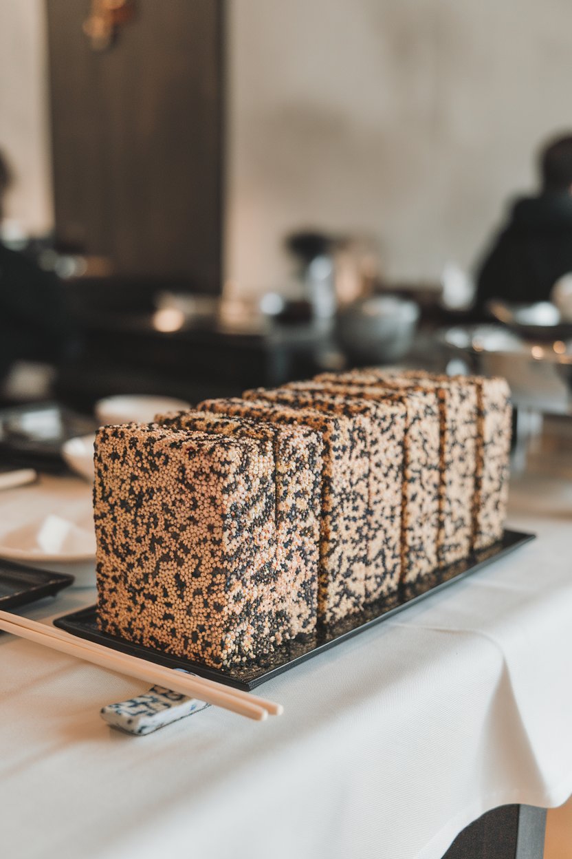 Indoor Asian-style table featuring rectangular tofu blocks heavily coated in black and white sesame seeds, neatly arranged. No text or logos; photo.