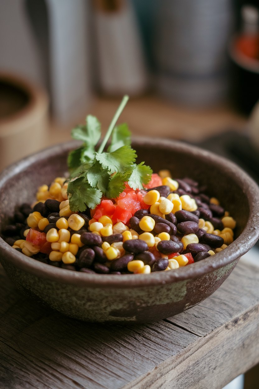 A rustic indoor bowl showing black beans, sweet corn kernels, diced tomato, and cilantro mixed together. Photo, not illustration. No text or logos visible.