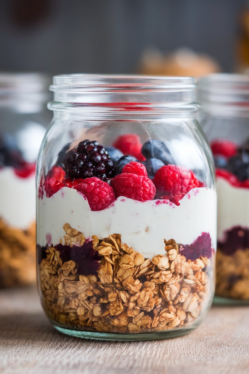 Photo of an indoor glass jar layered with granola, mixed berries, and white tofu cream. No text or logos. Photo, not illustration.