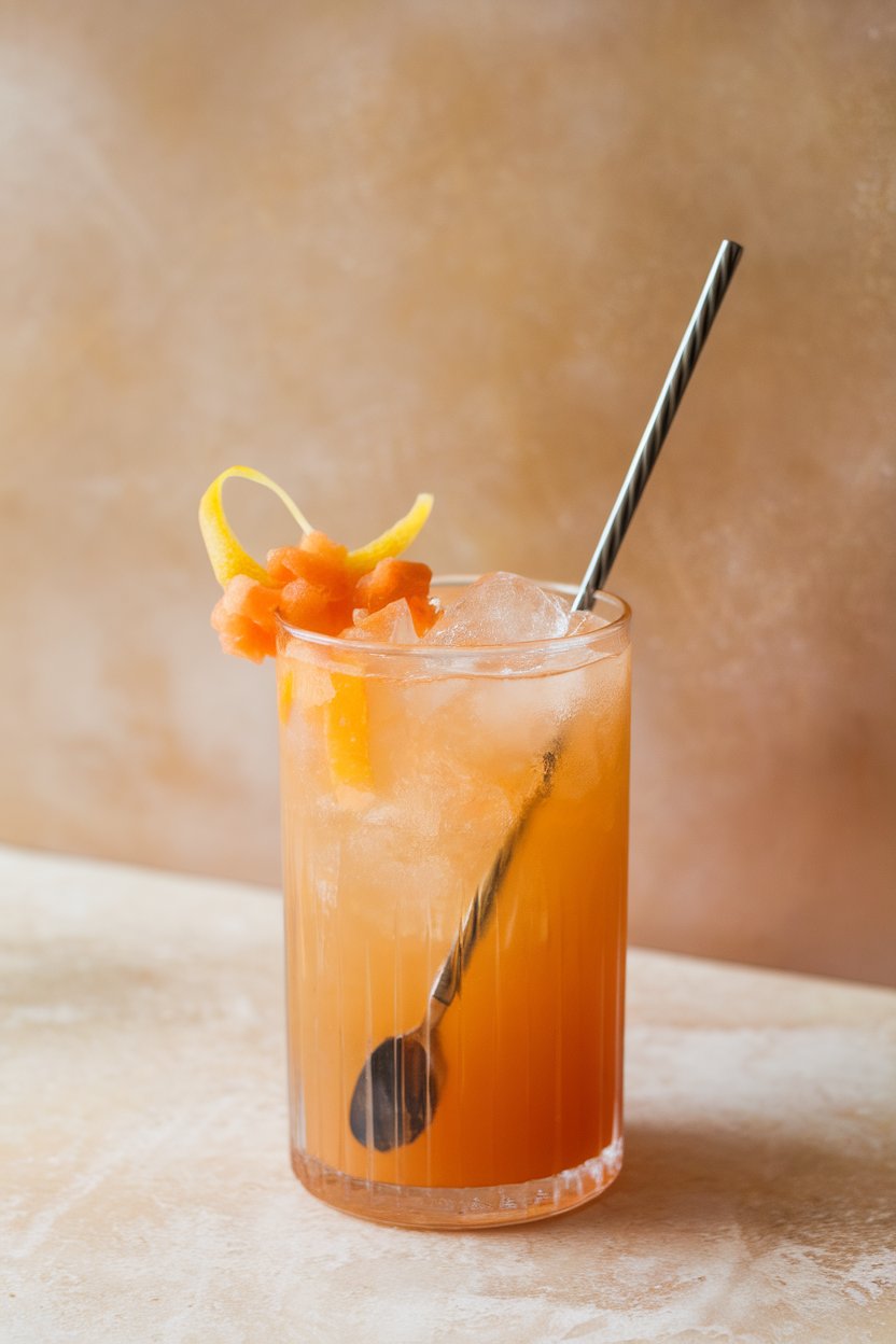 Indoor photo of a tall swizzle glass filled with apricot orange mocktail, crushed ice throughout, long bar spoon inserted, candied ginger garnish. No text or logos.