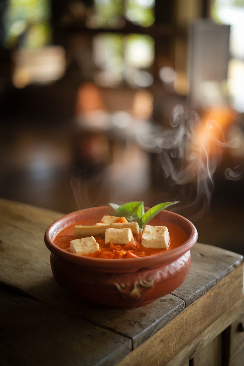A ceramic bowl on an indoor table filled with red coconut curry, tofu cubes, bamboo shoots, and Thai basil leaves. Warm lighting, steam wafting upward. No text or logos. Photo.
