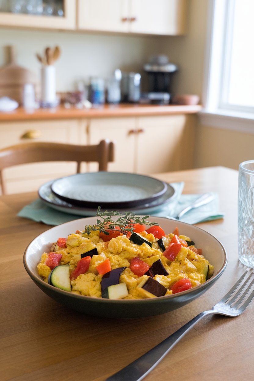 Indoor kitchen table with a bowl of tofu scramble containing diced zucchini, eggplant, bell peppers, and tomato, garnished with thyme. Photo, no text or logos.