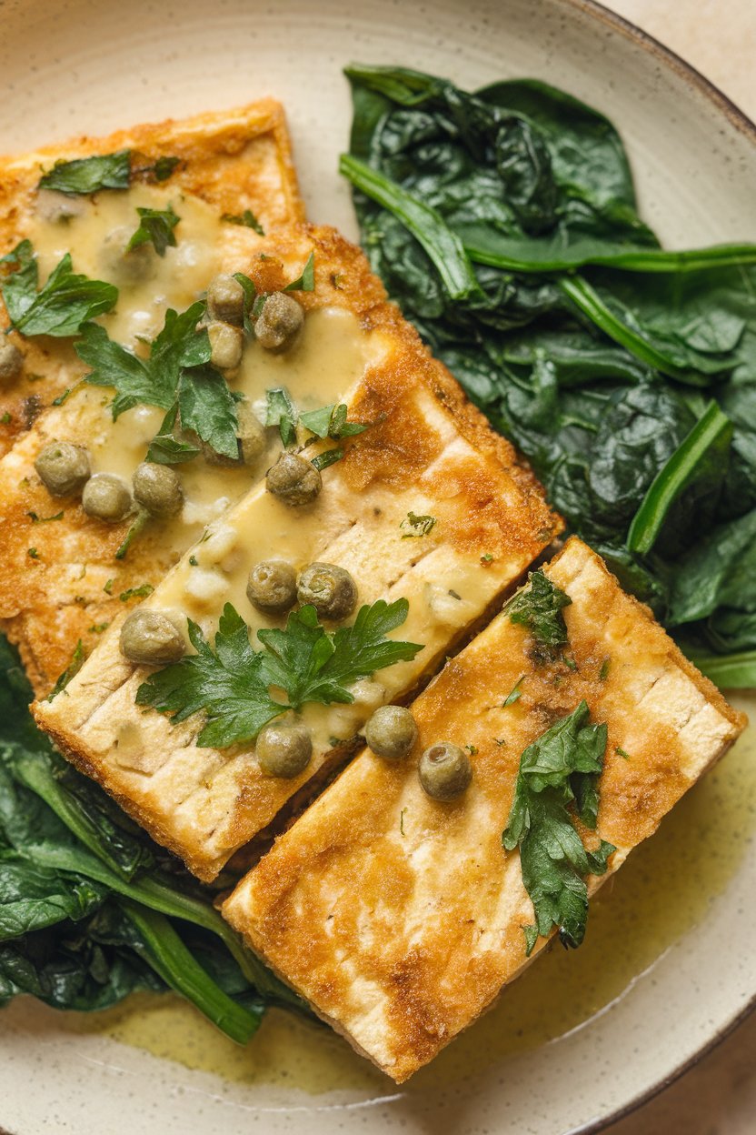 Indoor plate showing tofu cutlets in a light lemon-caper sauce, garnished with parsley and served alongside sautéed spinach. Photo only.