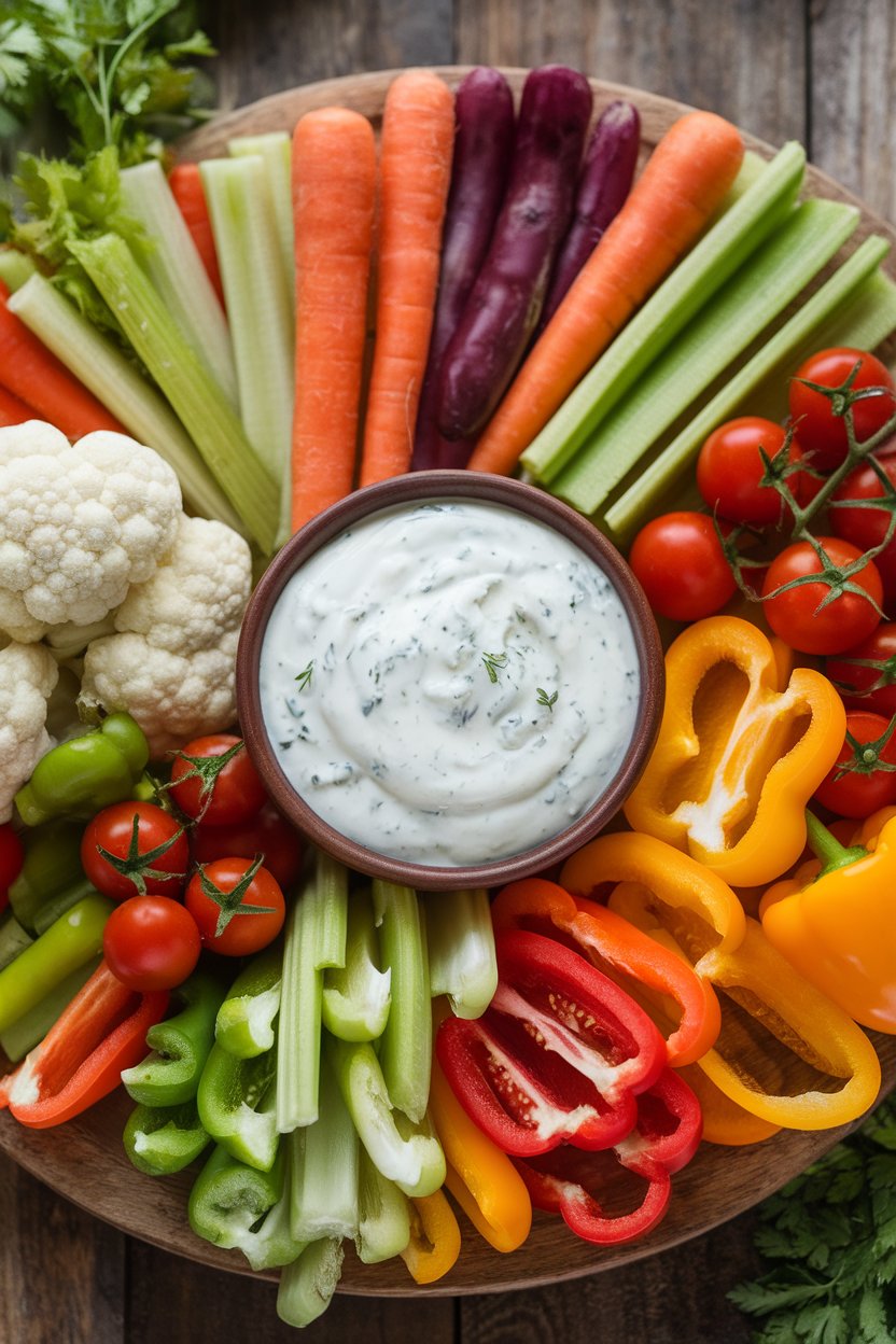Photo of an indoor platter of raw veggies surrounding a bowl of creamy white ranch dip flecked with herbs. No text or logos. Photo, not illustration.