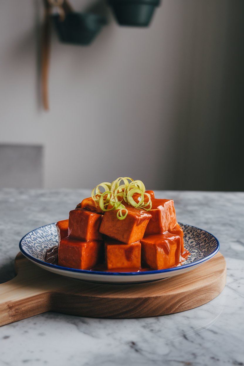 Indoor kitchen island showcasing a plate of tofu cubes glazed in glossy sweet chili sauce and garnished with lime zest curls. No text or logos; photo.