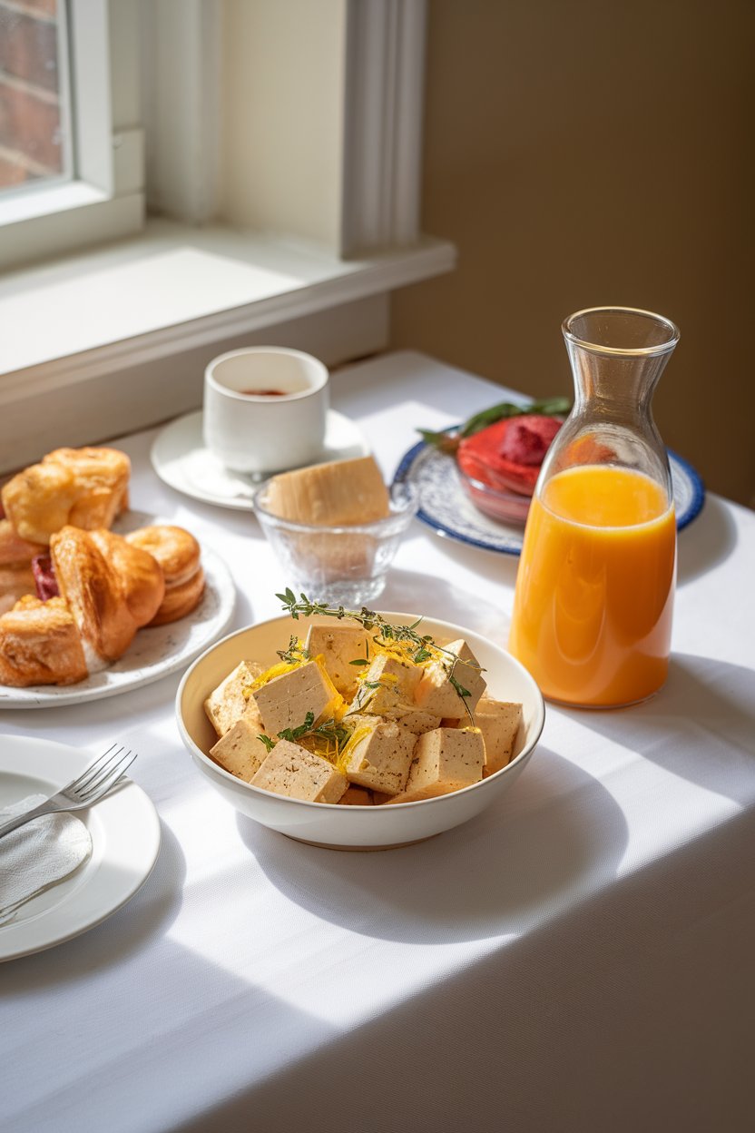 Indoor brunch table featuring bright tofu cubes speckled with fresh thyme leaves and lemon zest, sunny window light. No text or logos; photo.