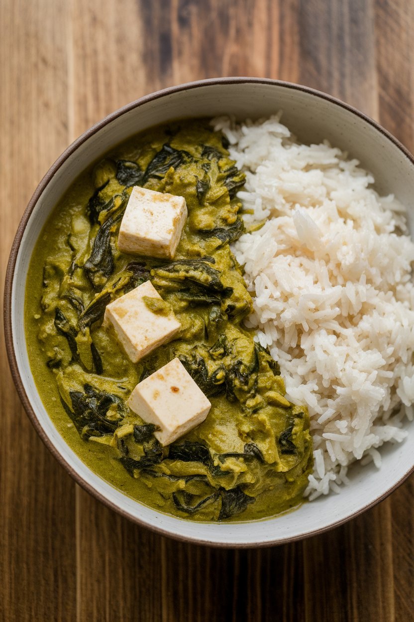 Photo of an indoor bowl of vibrant green spinach curry with white tofu cubes, served alongside steamed basmati rice. No text or logos. Photo, not illustration.