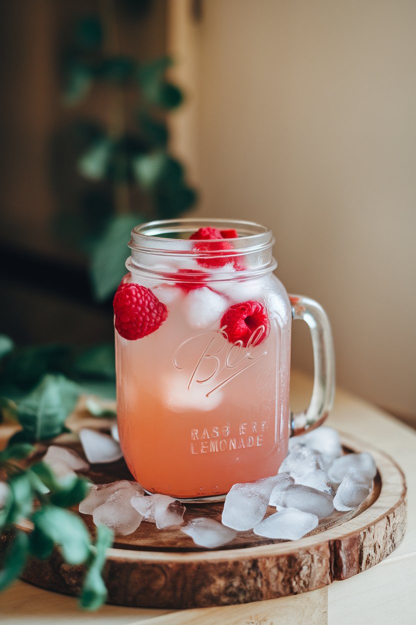 Indoor photo of a mason jar holding blush raspberry lemonade, rose petal and raspberry float, ice shards. No text or logos.