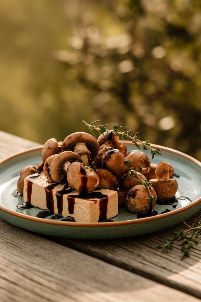 Indoor plate of tofu and mushrooms drizzled with dark balsamic glaze, garnished with thyme leaves. No logos or text.