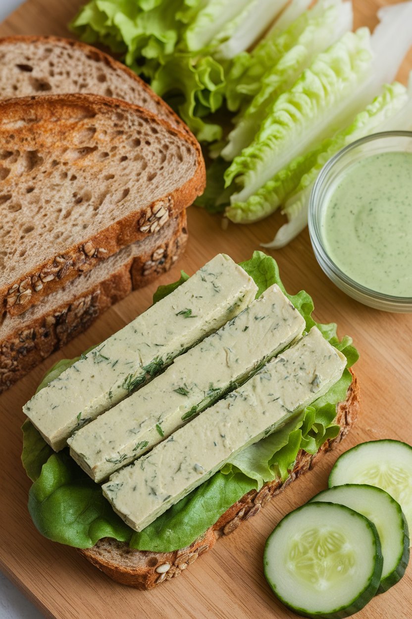 Indoor lunch scene featuring whole-grain bread stacked with herbed tofu slices, lettuce, cucumber, and green goddess dressing. No text or logos. Photo.