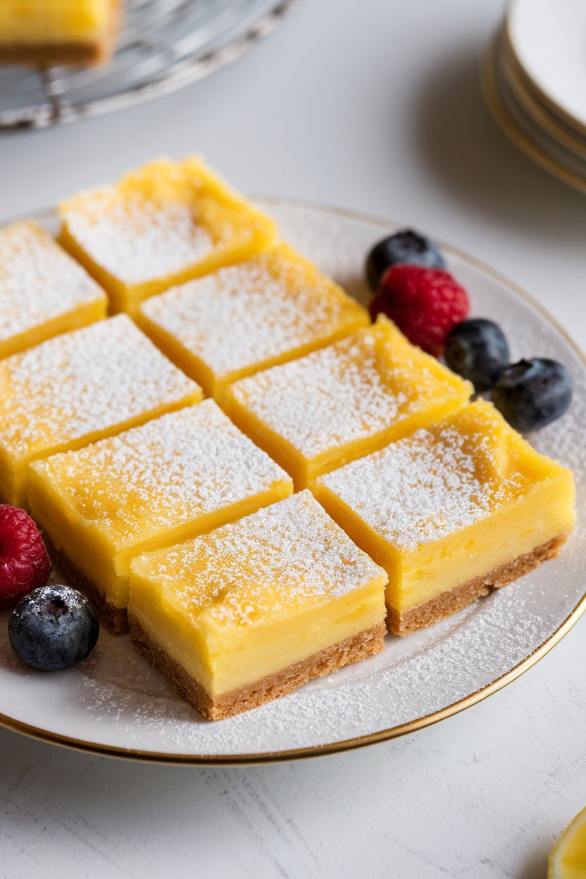 Photo of an indoor plate of yellow lemon bars dusted lightly with powdered sugar. No text or logos. Photo, not illustration.