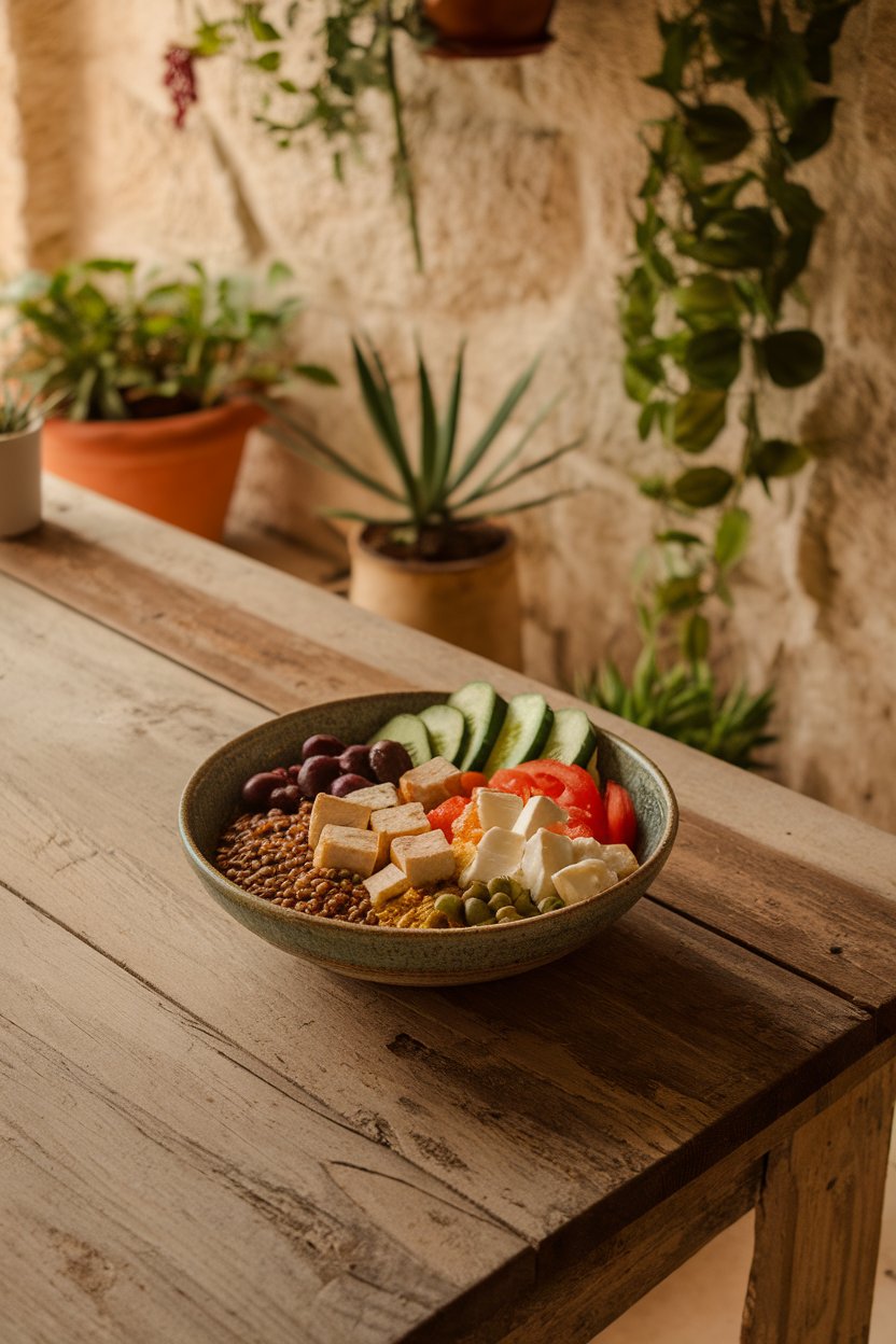 Indoor rustic table with a bowl of lentils, warm tofu pieces, cucumber, tomato, olives, and feta. No branding. Photo.