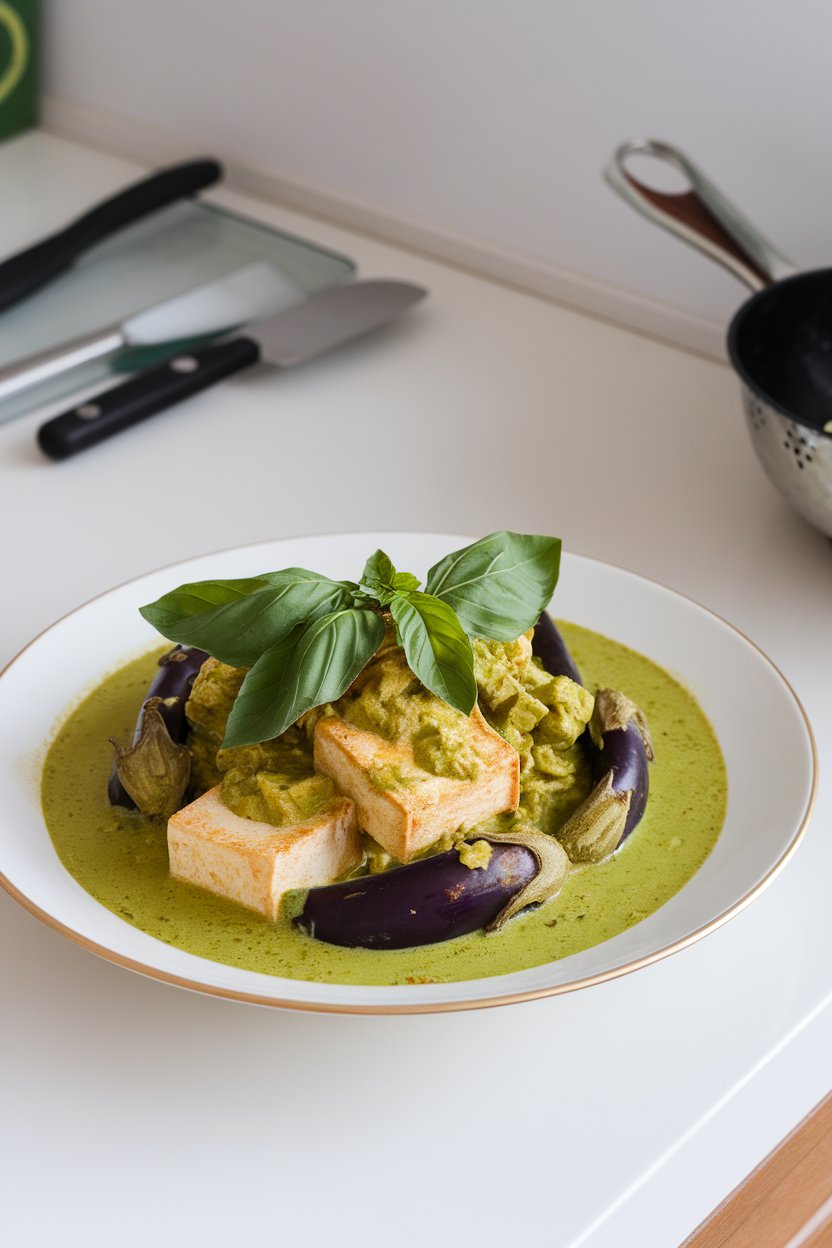 Indoor photo of tofu and baby eggplant in vibrant green curry sauce, basil leaves on top. No text or logos.