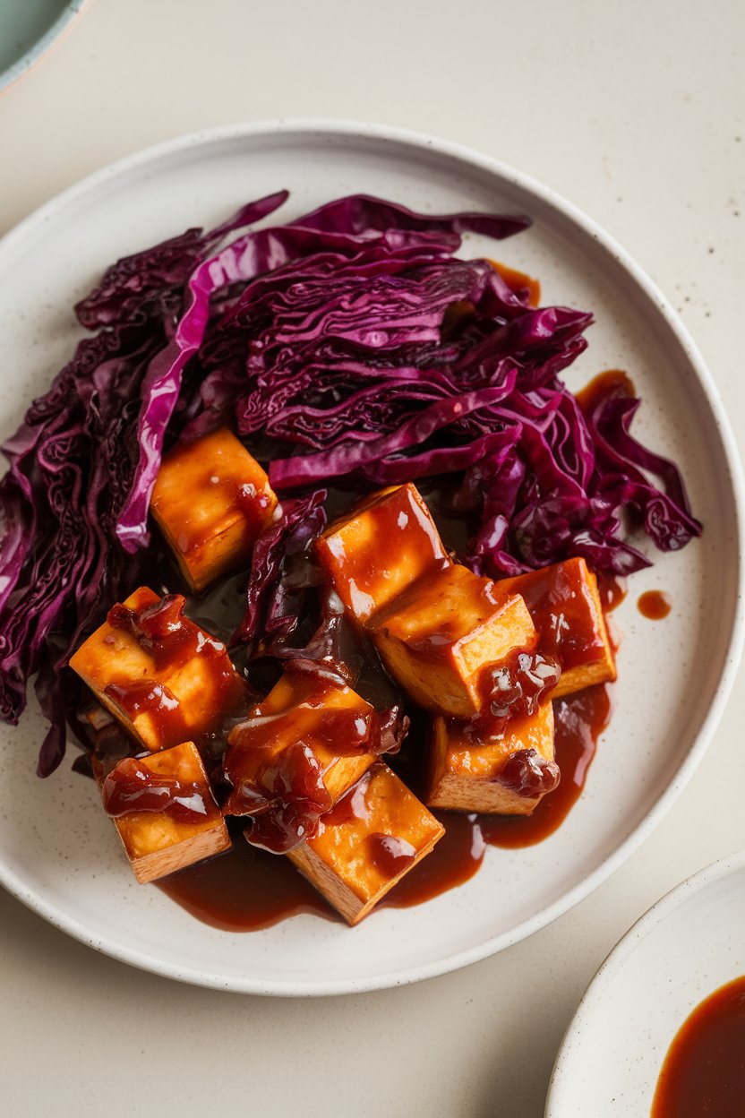 Indoor plate featuring tofu cubes in sticky barbecue sauce with sautéed red cabbage ribbons. No text or logos.