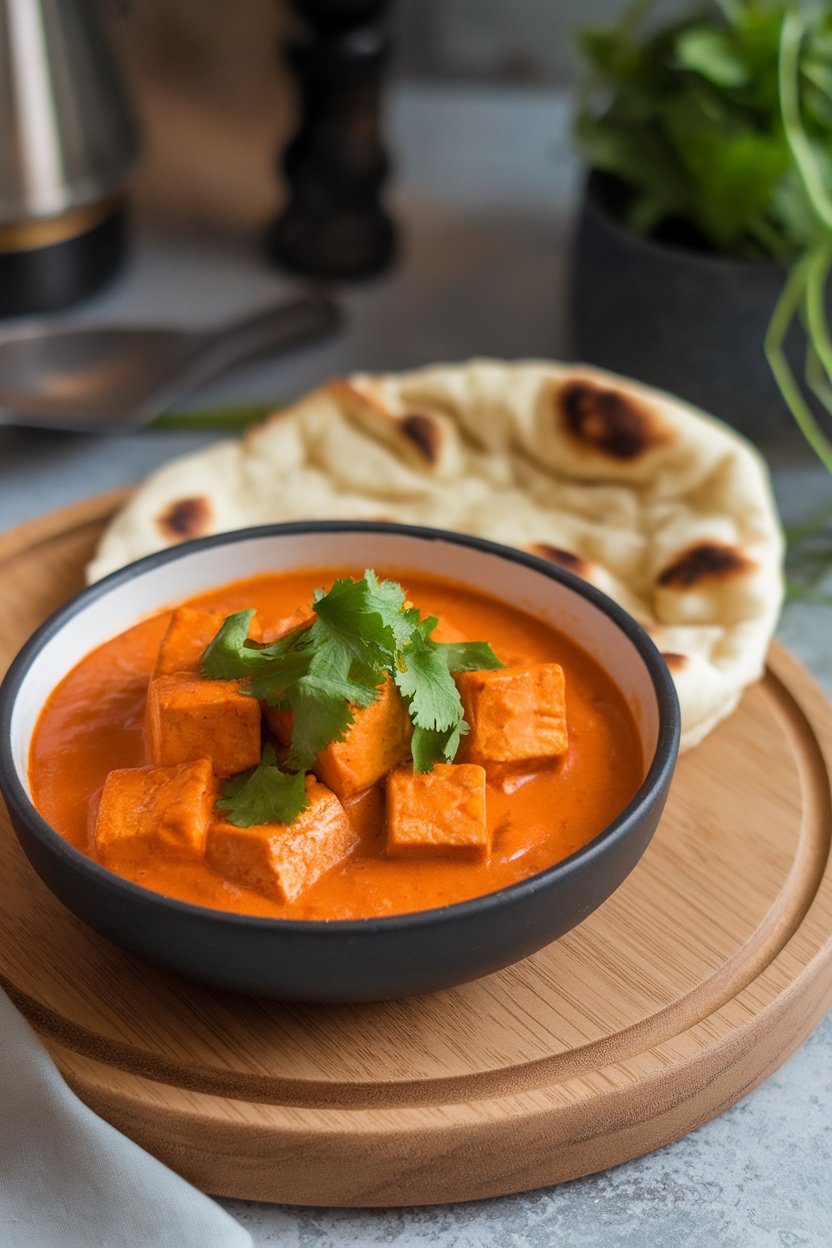 Photo of an indoor bowl of orange tikka masala sauce with tofu cubes, cilantro garnish, naan on side. No text or logos. Photo, not illustration.