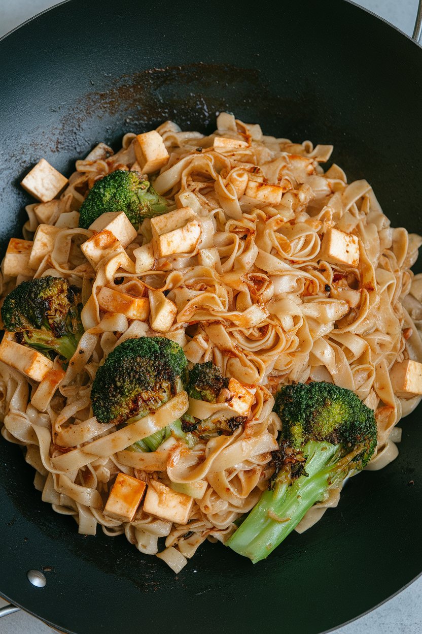 An indoor wok scene of wide rice noodles stir-fried with tofu, Chinese broccoli, and soy sauce, slight char visible. No text or logos. Photo.