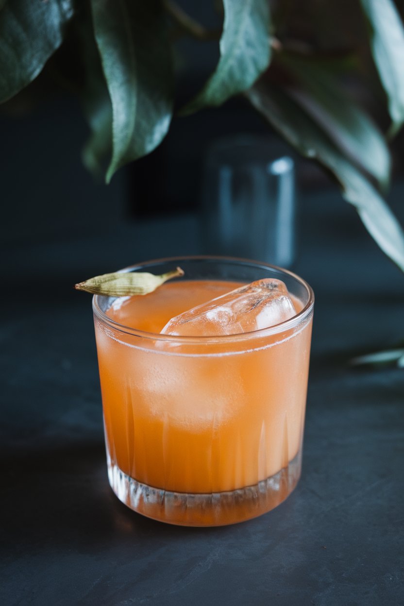 Indoor photo of a clear rocks glass with tangerine-hued mocktail, tiny cardamom pod garnish, large ice cube. No text or logos.