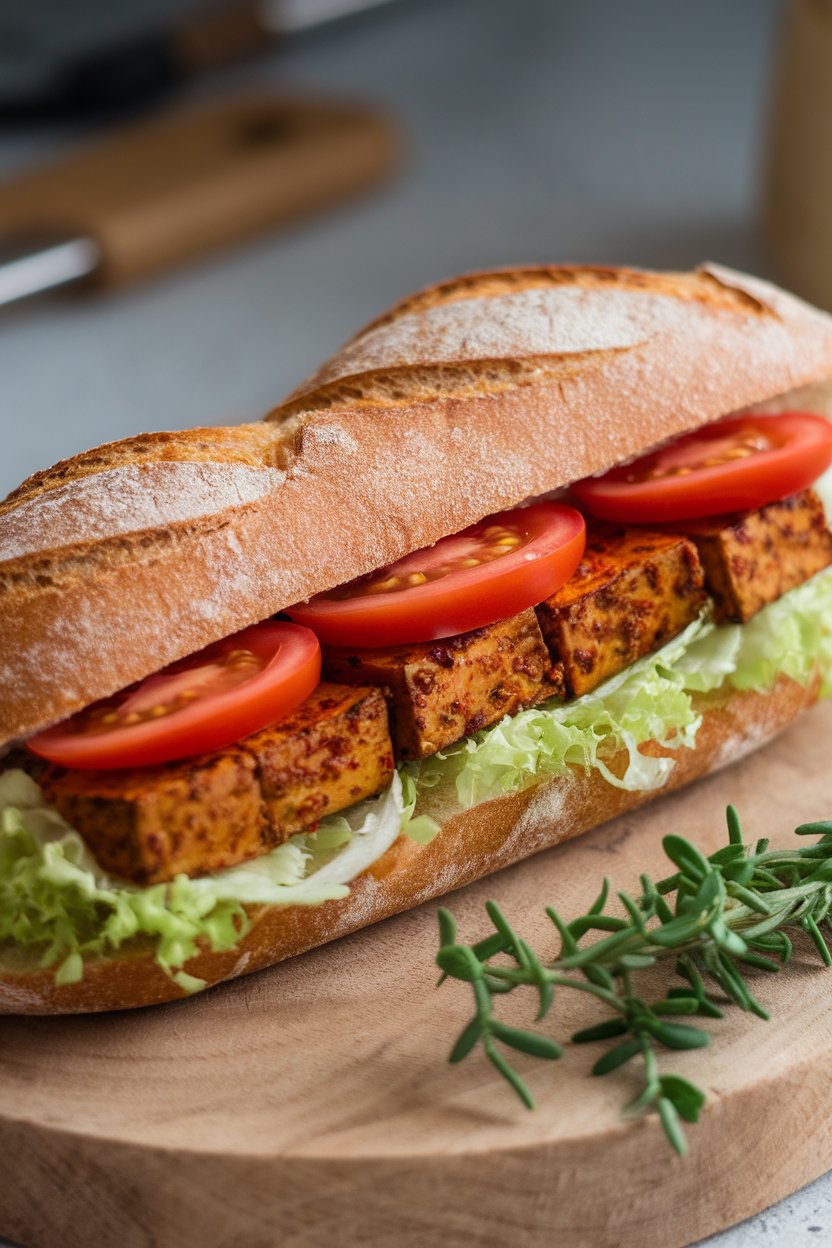 Indoor countertop view of a whole-grain baguette stuffed with spicy Cajun-seasoned tofu, shredded lettuce, and tomato slices. No logos. Photo.