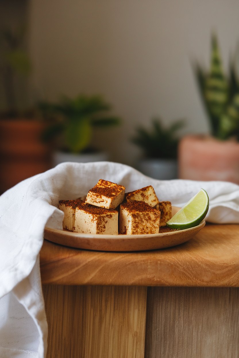 Indoor wooden counter with tofu cubes dusted in dark jerk spices, lime wedge garnish. No text or logos; photo.