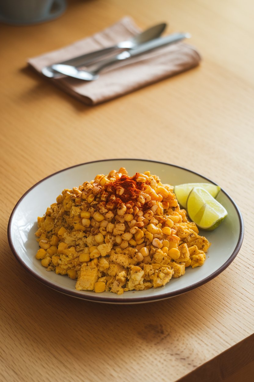 Indoor dining table with a bowl of tofu scramble tossed with roasted corn kernels, chili powder, and lime wedges on the side. Photo, no logos or text.