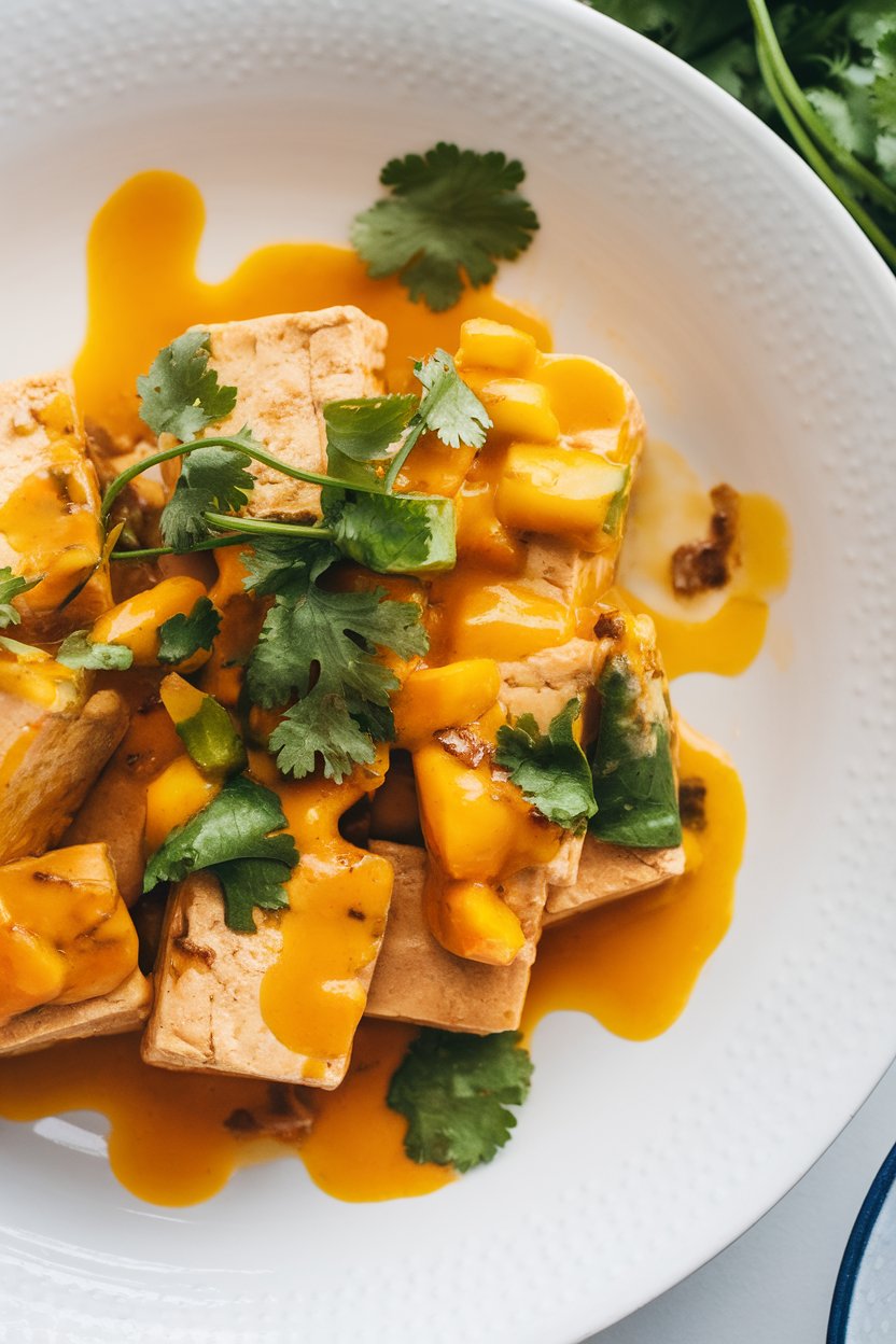 Indoor photo of tofu tossed with bright orange mango-habanero sauce, garnished with cilantro. No text or logos.