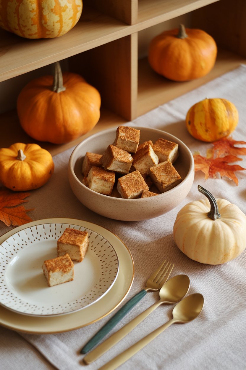 Indoor autumn table with tofu nuggets dusted in cinnamon, nutmeg, and pumpkin spice blend, tiny pumpkin decor nearby. No text or logos; photo.