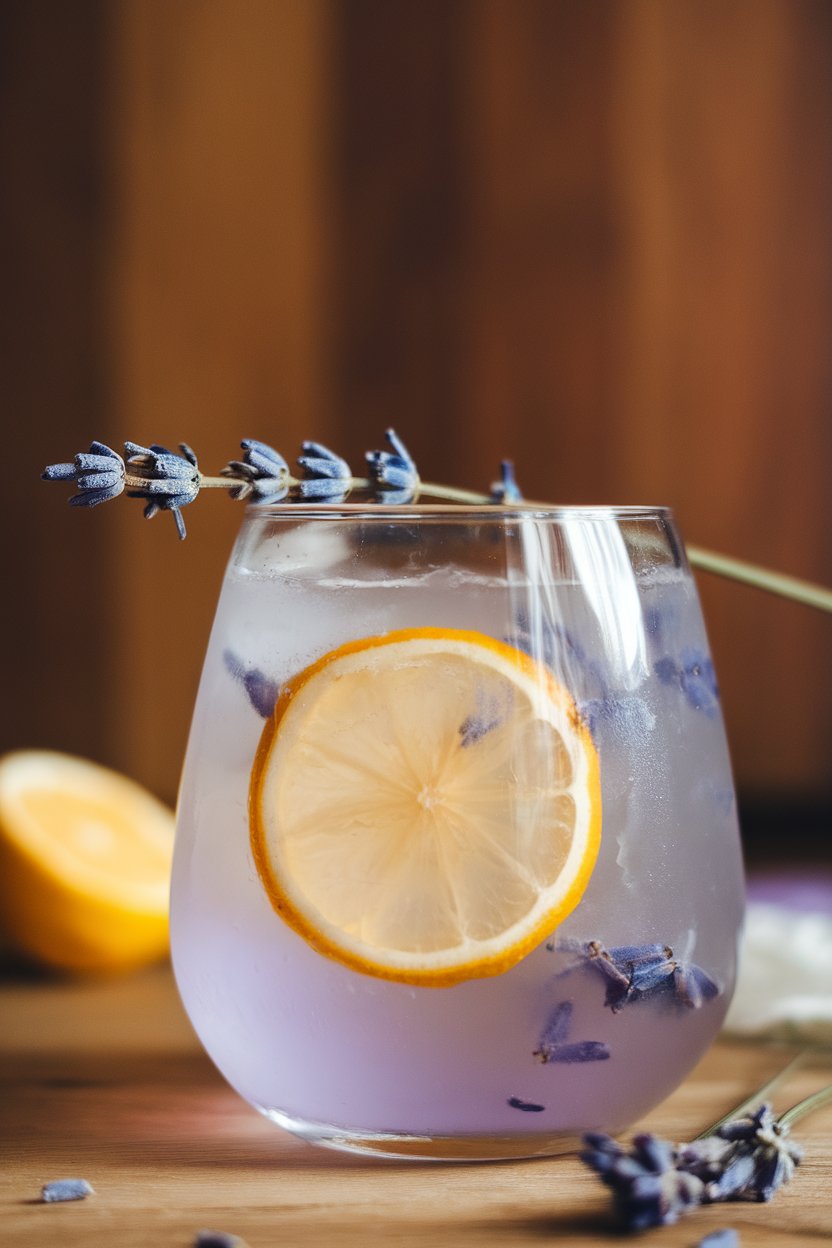 Indoor photo of a Collins glass filled with pale violet lavender lemonade, thin lemon round submerged, dried lavender bud garnish. No text or logos.