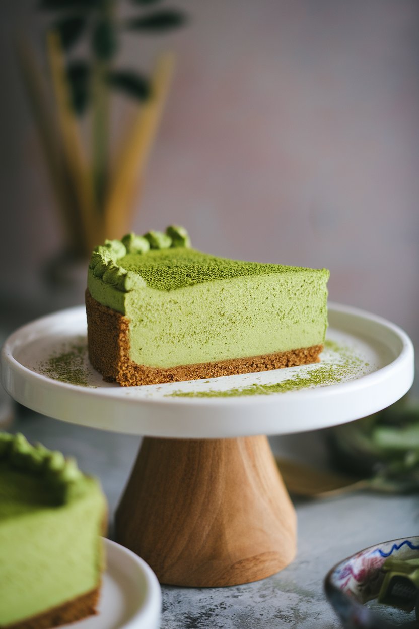 Photo of an indoor cake stand holding a green matcha cheesecake slice with a graham crust, dusted with extra matcha. No text or logos. Photo, not illustration.