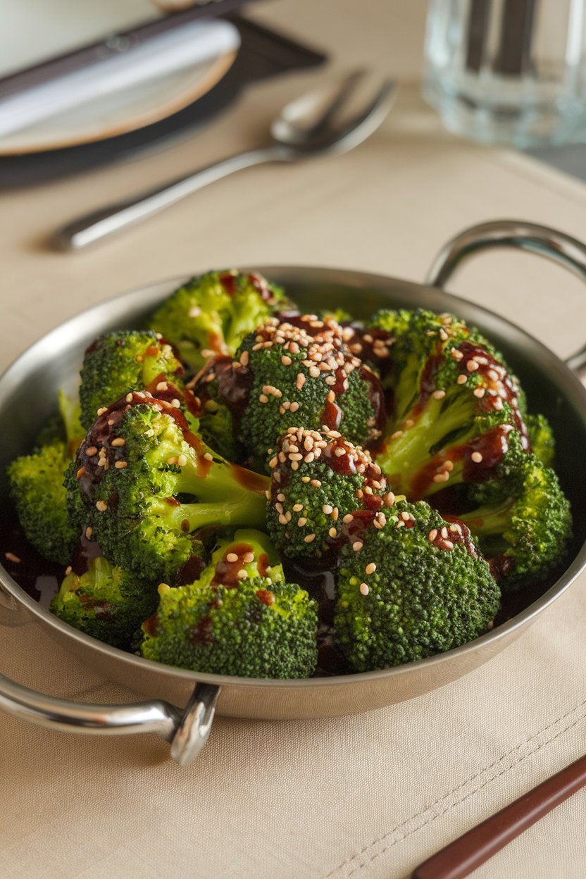 A serving dish on an indoor dining table holding bright broccoli florets glazed in sesame-soy sauce, sesame seeds sprinkled over. Photo, not illustration. No text or logos.