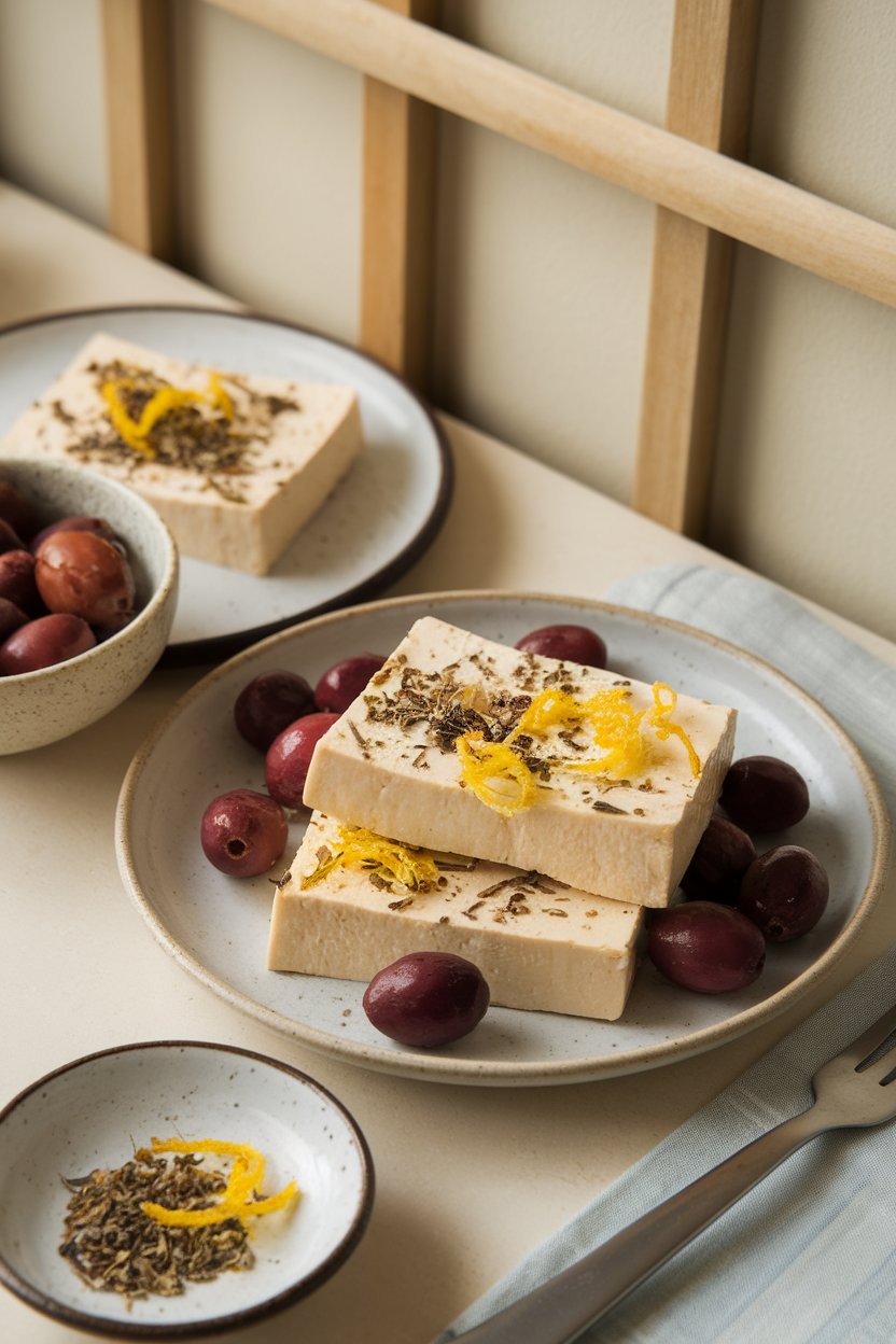 Indoor Mediterranean lunch setting with two tofu slabs sprinkled with dried oregano and bright lemon zest, served alongside olives. No text or logos; photo.