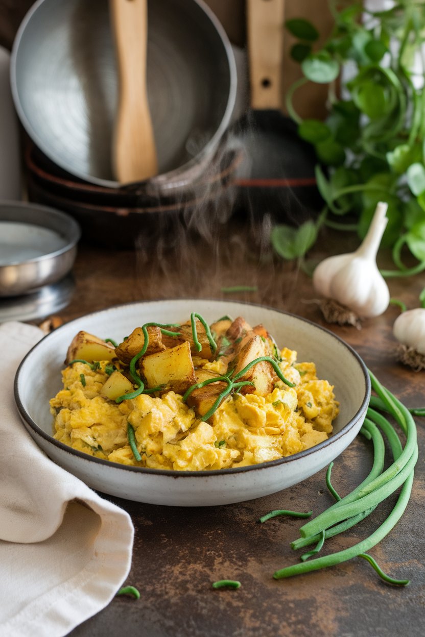 Indoor rustic table showcasing tofu scramble with pan-fried potato cubes and chopped garlic scapes, steam wafting upward. Photo, no logos or text.