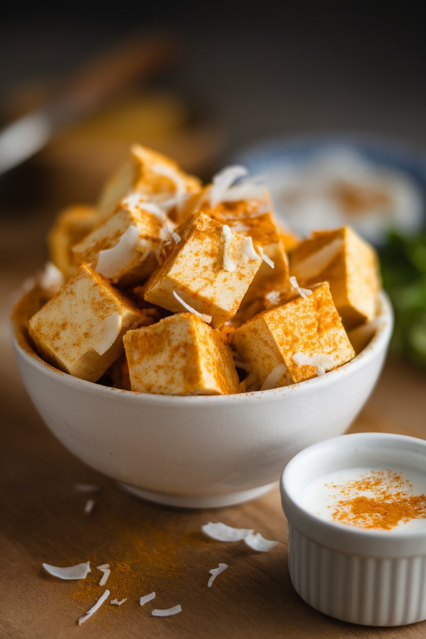 Indoor tabletop with a white bowl of golden tofu cubes flecked with coconut shreds and curry powder, small ramekin of coconut milk dipping sauce beside it. No text or logos; photo.