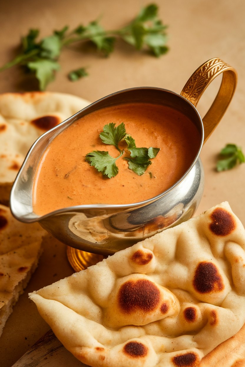 Photo of an indoor gravy boat with creamy orange masala sauce, naan pieces alongside. No text or logos. Photo, not illustration.