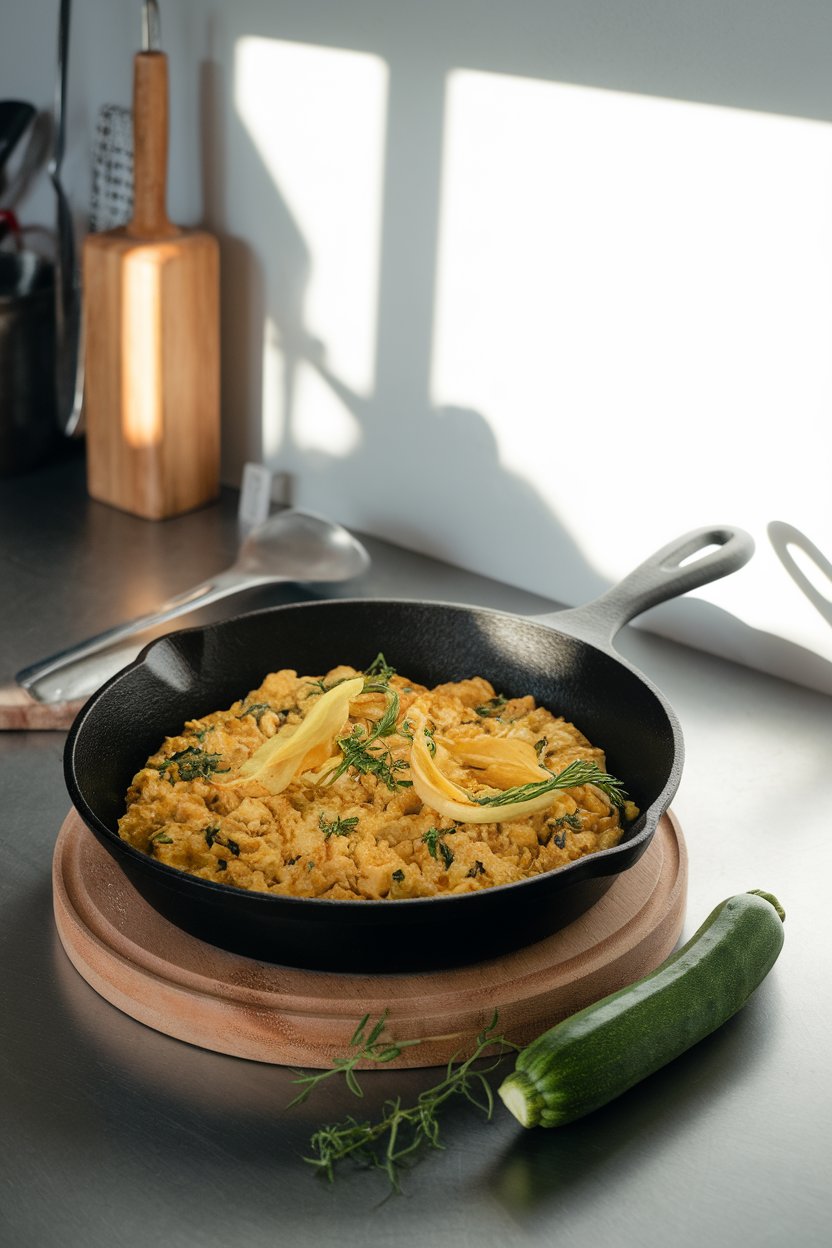 Indoor kitchen counter showing a cast-iron skillet of tofu scramble containing herbes de Provence and delicate zucchini blossoms, steam visible. Photo, no text or logos.