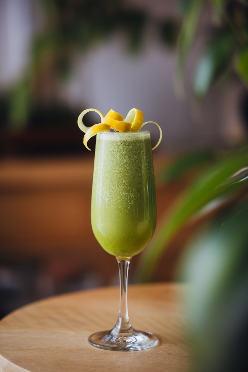 Indoor photo of a flute displaying vivid green matcha yuzu mocktail, thin yuzu peel twist, soft bubbles. No text or logos.