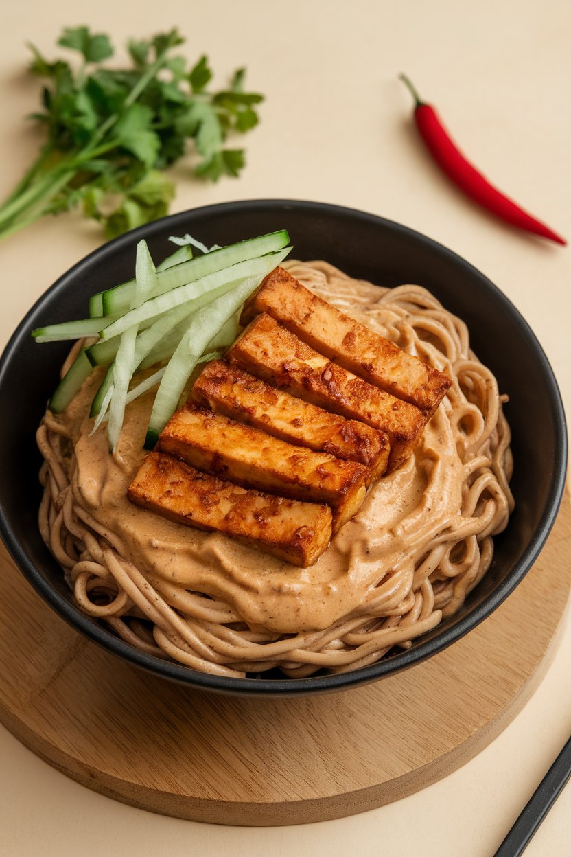 An indoor tabletop photo showing a bowl of whole-wheat noodles coated in creamy peanut sauce, topped with sautéed tofu strips and shredded cucumber. No text or logos. Photo.