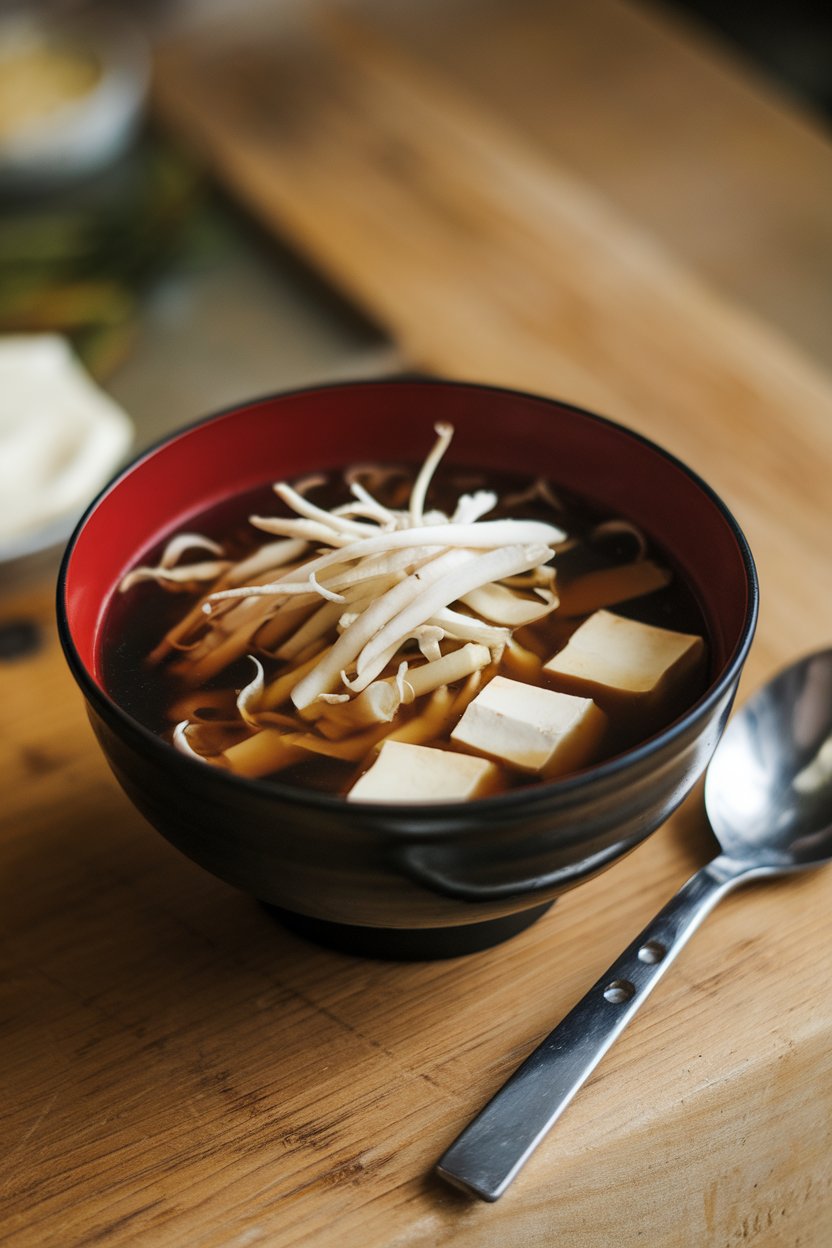 Photo of an indoor soup bowl with dark broth, thin mushroom strips, bamboo shoots, and silken tofu cubes. No text or logos. Photo, not illustration.