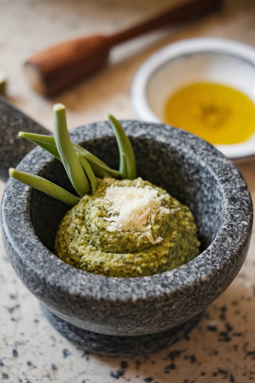 A mortar and pestle on an indoor countertop containing vivid green garlic scape pesto with visible texture. Photo, not illustration. No text or logos.