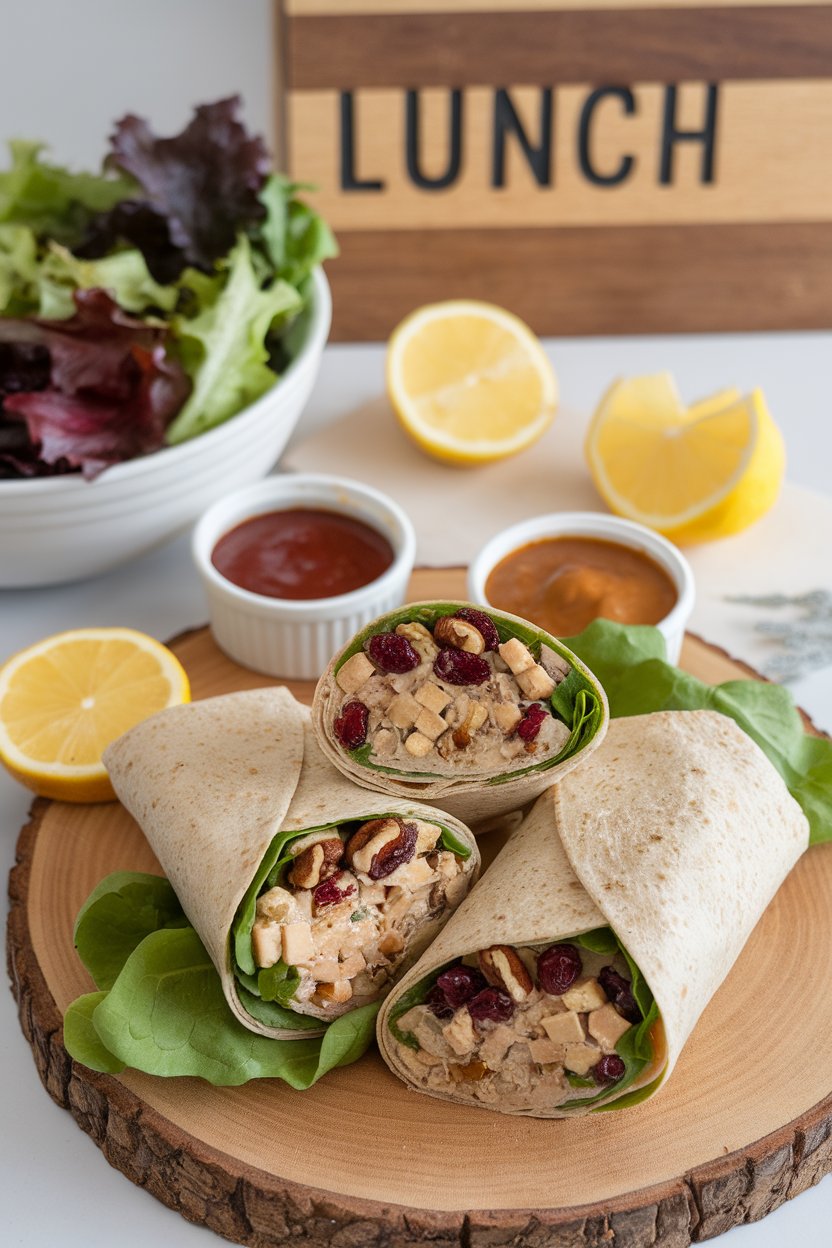 Indoor lunch spread showing whole-grain wraps filled with tofu salad studded with cranberries and pecans, cut in halves. Photo.