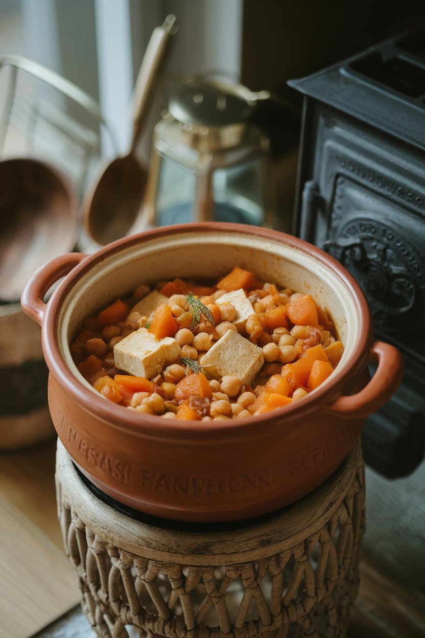 Indoor clay pot filled with stew of tofu, chickpeas, apricots, and carrots in a warm spiced sauce. Photo only, no logos.