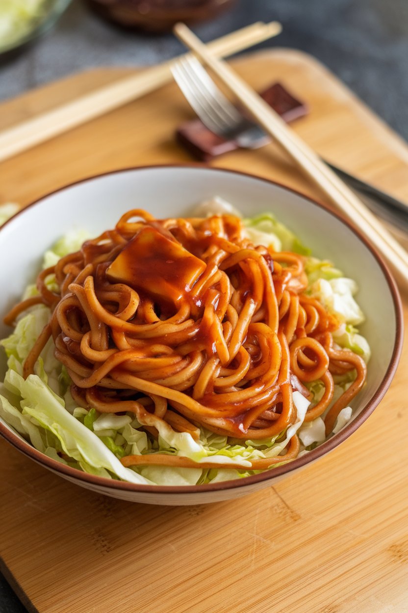 Indoor shot of yakisoba noodles, cabbage, and tofu tossed in glossy Worcestershire-style sauce. No logos or text.