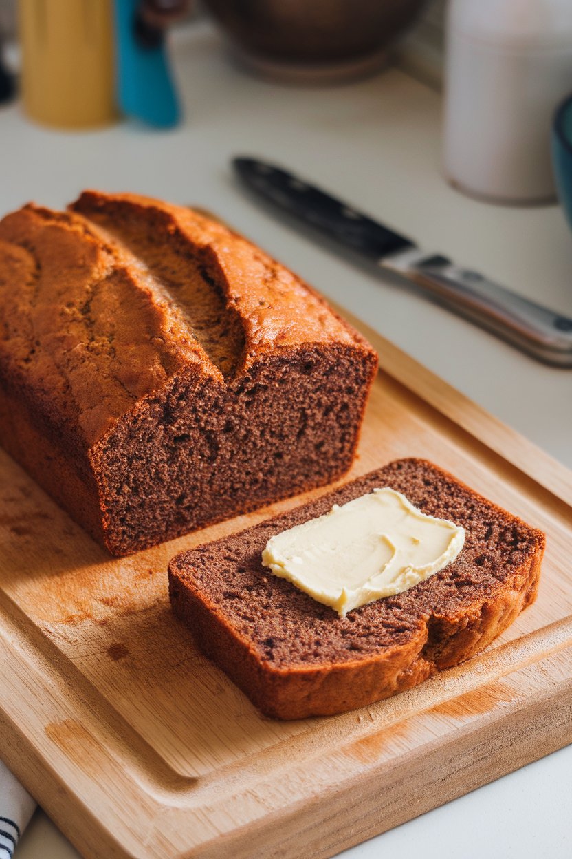 Photo of an indoor cutting board with a loaf of banana bread, a single slice spread with vegan butter. No text or logos. Photo, not illustration.