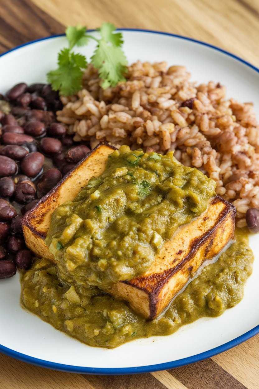 Indoor plate of sauteéd tofu smothered in salsa verde, served with black beans and brown rice. No logos. Photo.