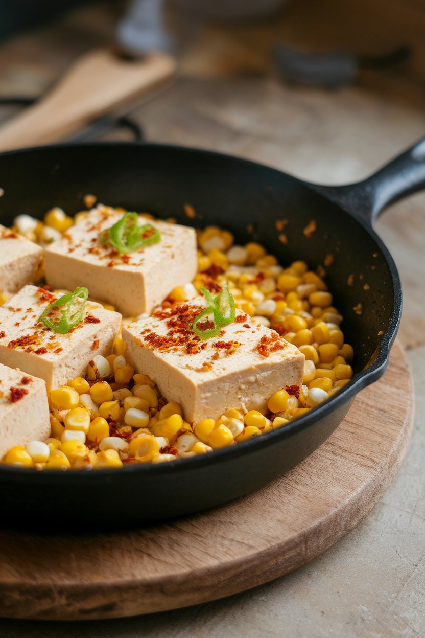 Indoor shot of tofu and corn kernels speckled with chili flakes and lime zest in a black skillet. No text or logos.