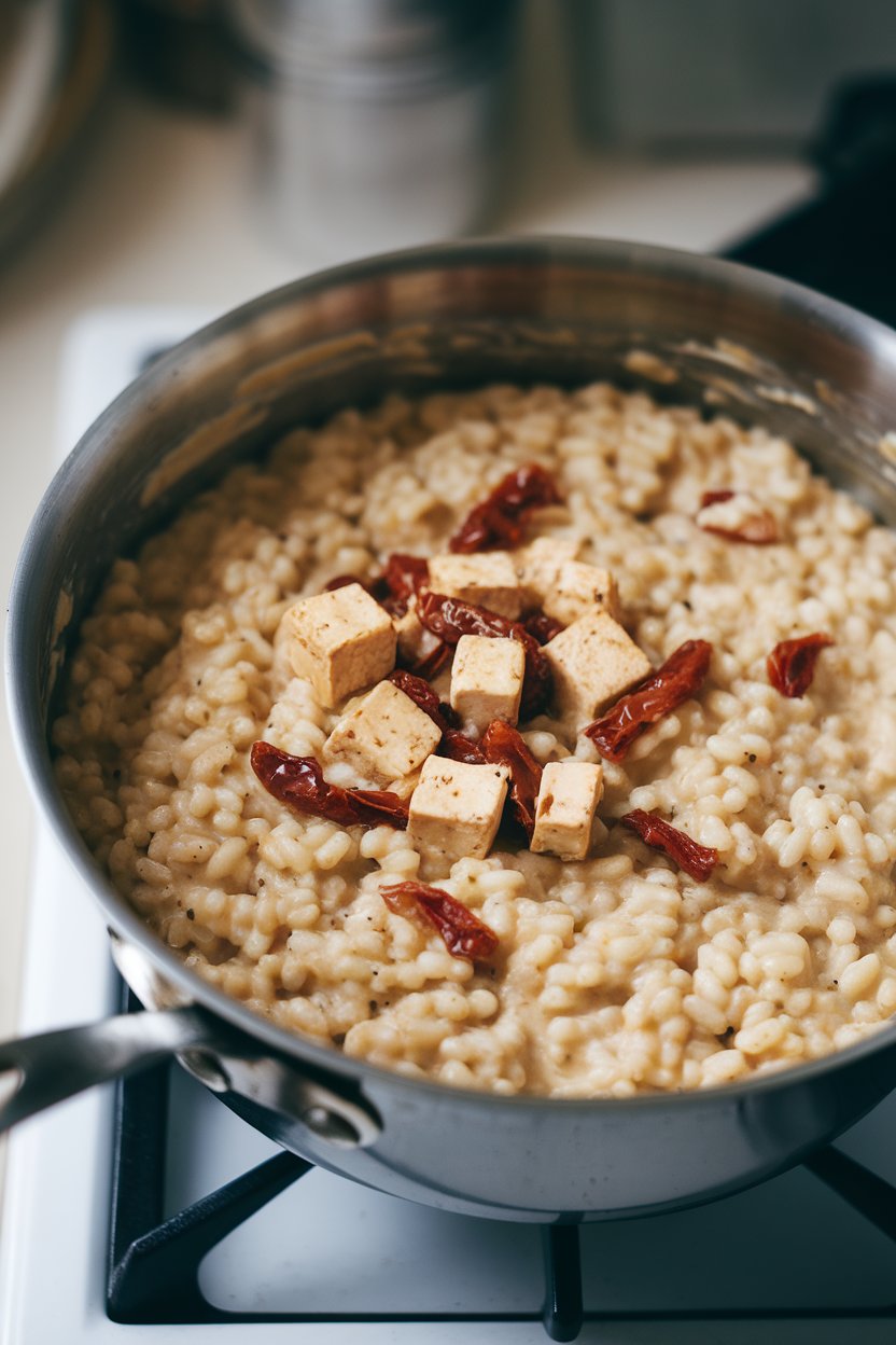 An indoor stovetop shot of a pot of creamy barley risotto flecked with sun-dried tomato bits and tofu cubes. Photo; no logos.