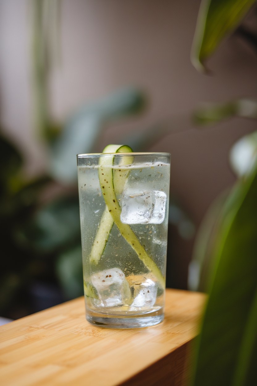 Indoor photo of a clear highball with speckled green kiwi mocktail, thin cucumber ribbon swirling inside, ice cubes shining. No text or logos.