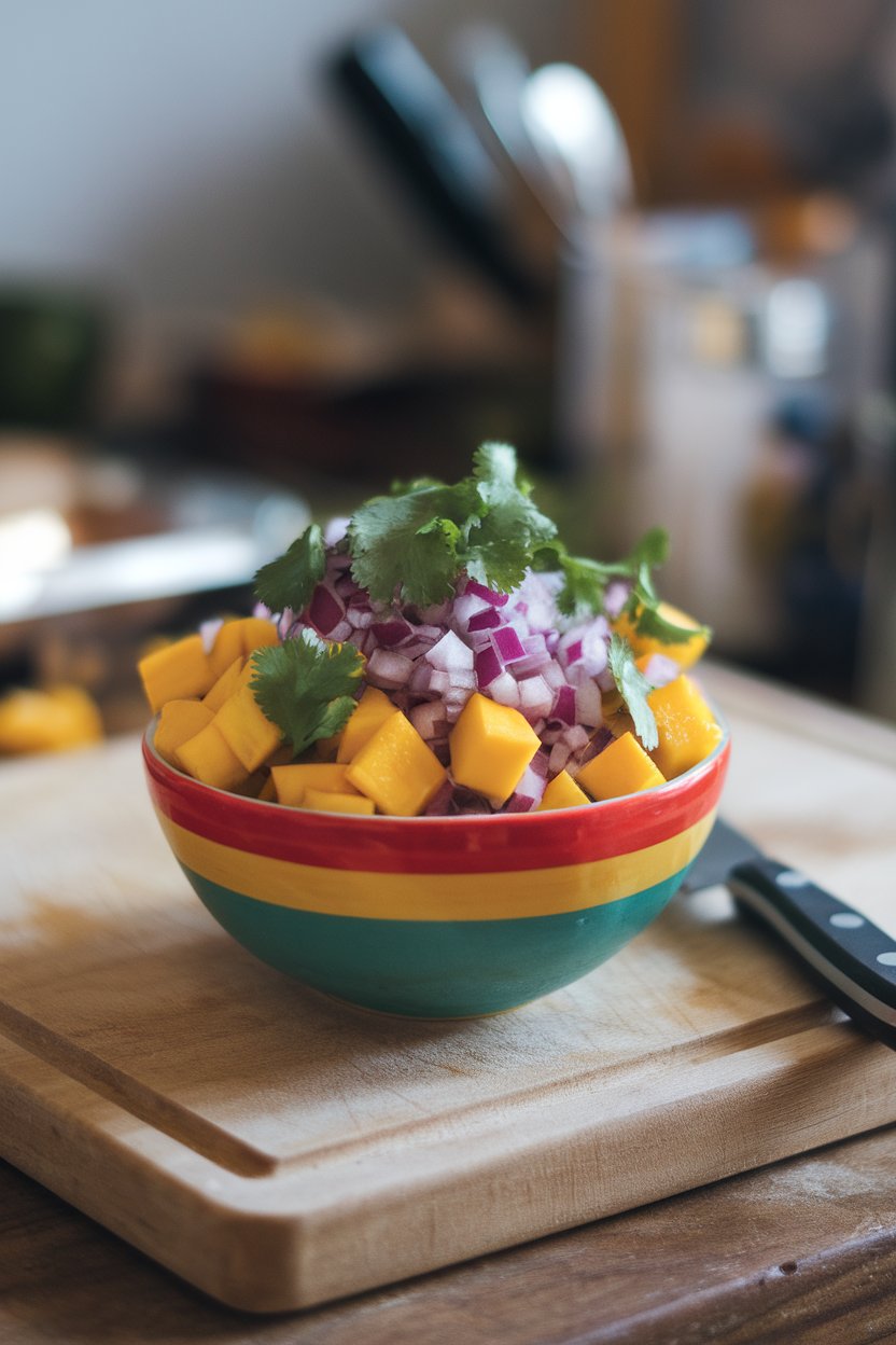 An indoor cutting board scene featuring a colorful bowl of diced mango, red onion, and cilantro tossed together. Photo, not illustration. No text or logos present.