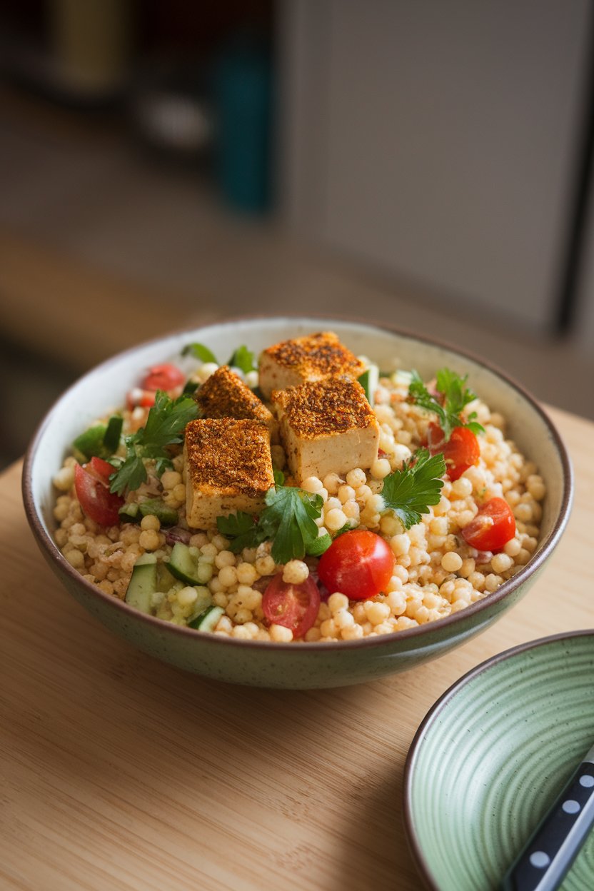 Indoor bowl of pearl couscous, za’atar-crusted tofu cubes, cherry tomatoes, cucumbers, and parsley. No text or logos; photo.