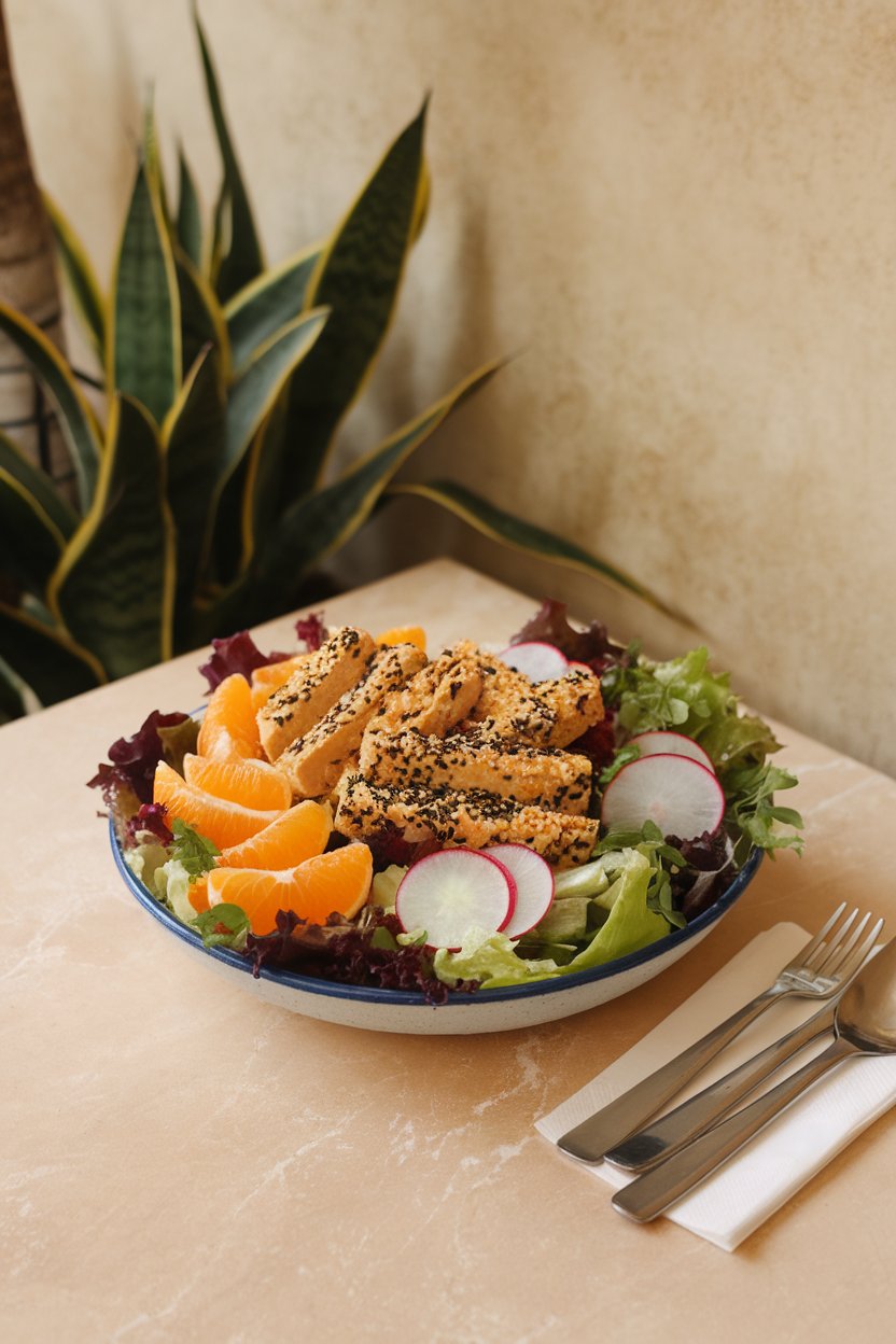 An indoor café-style table with a large salad bowl of mixed greens, orange segments, sliced radish, and sesame-crusted tofu strips. No logos, photo.