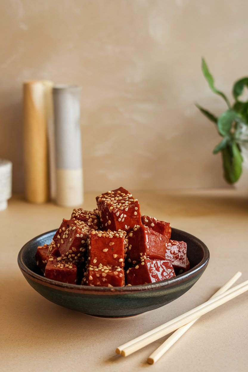 Indoor dining scene with tofu cubes coated in deep red gochujang glaze, sesame seeds sprinkled, chopsticks beside the bowl. No text or logos; photo.